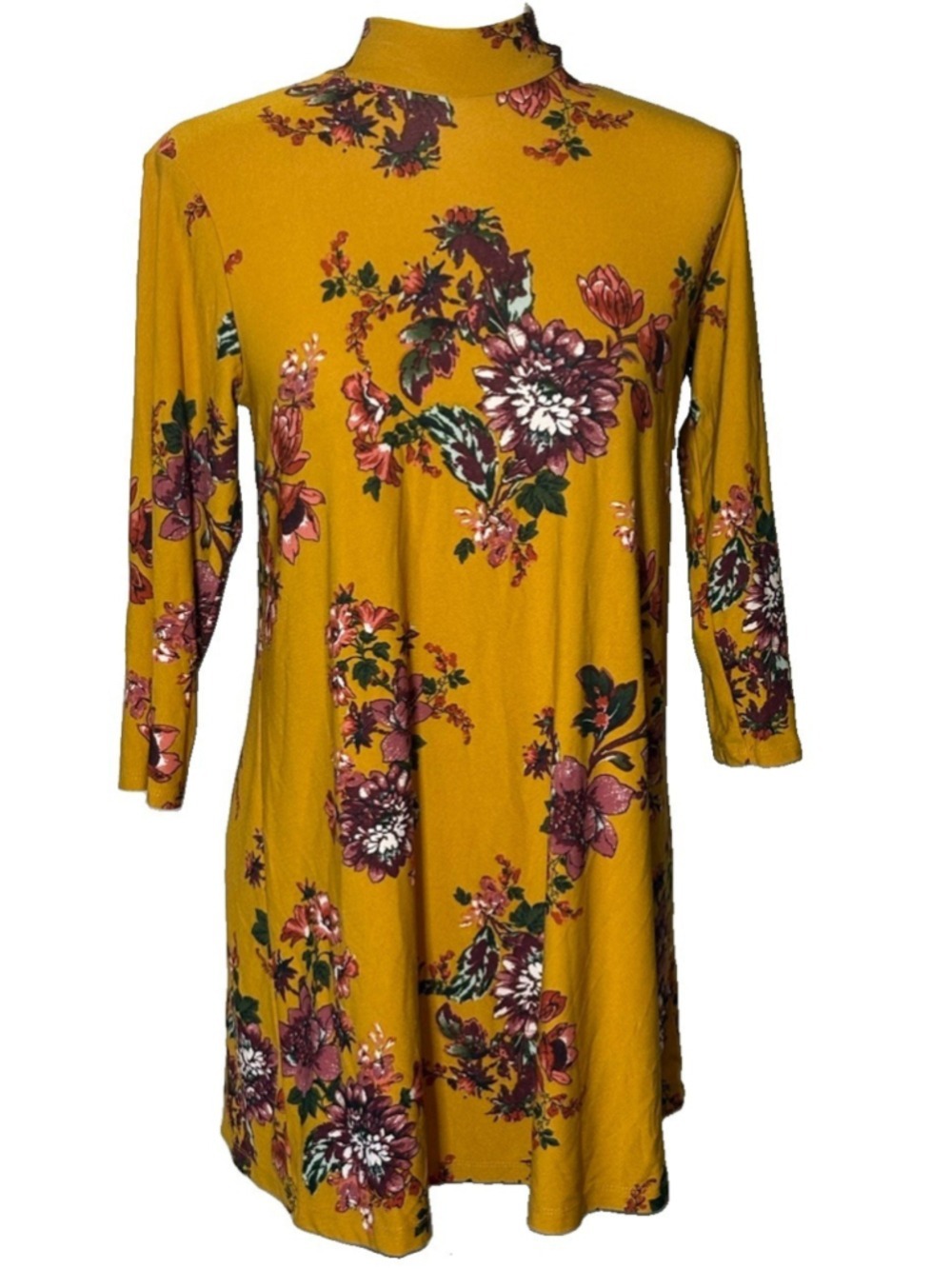 As U Wish Small Mustard Yellow Floral Mock Neck 3/4 Sleeve Boho Tunic Dress